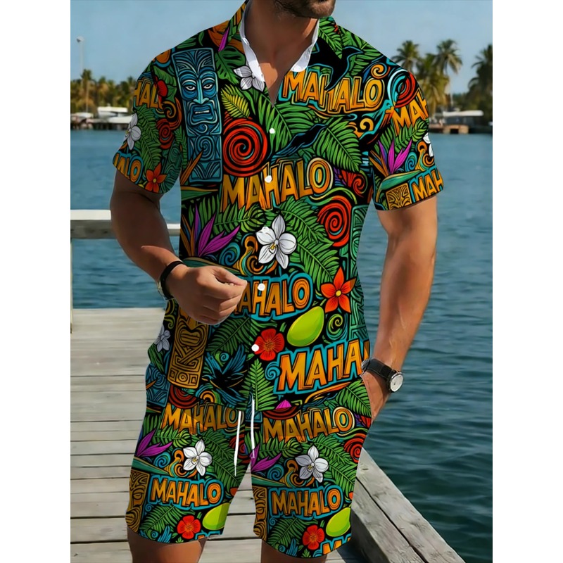 Beach Shirt Hawaiian - 남성 하와이안 셔츠 반바지 세트 트로피컬