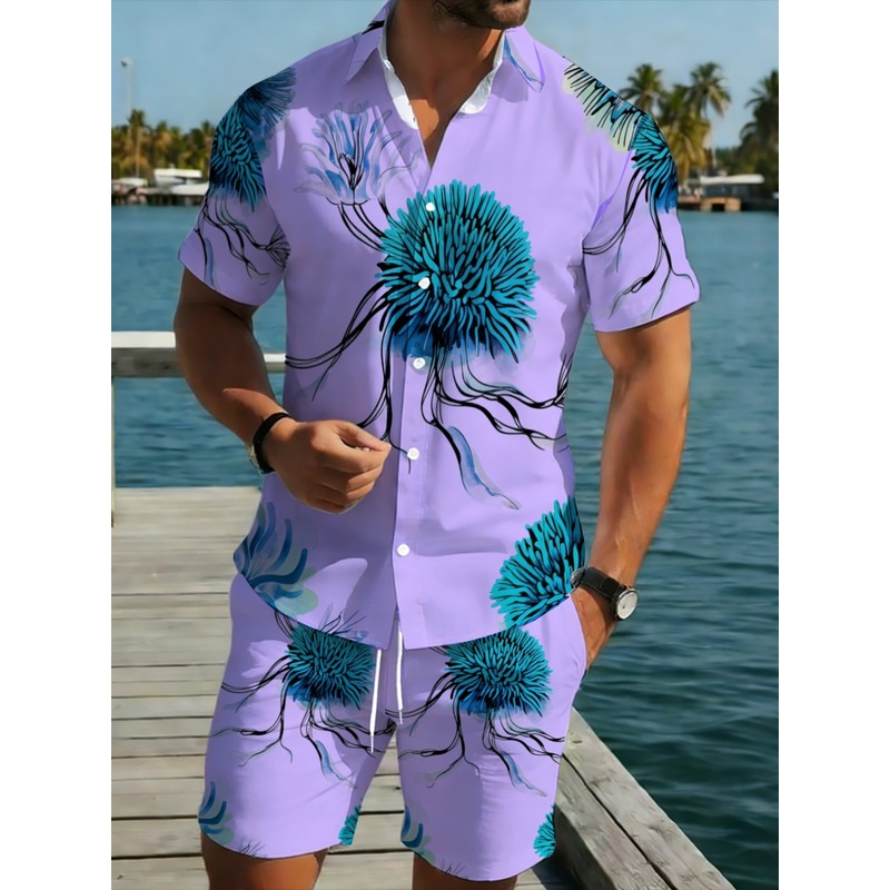 Beach Shirt Hawaiian - 남성 하와이안 셔츠 반바지 세트, 퍼플
