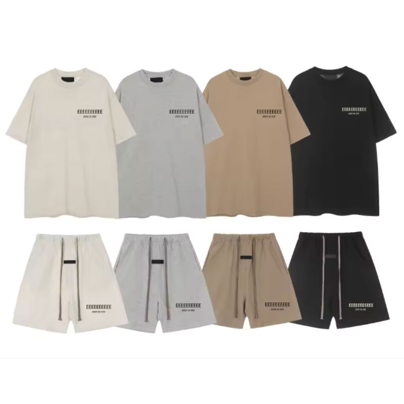 Summer Cloth - 이중선 레터링 프린트 티셔츠와 반바지 세트,
