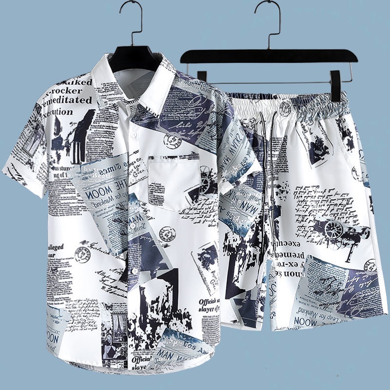 Beach Shirt Hawaiian - 남성용 신문 프린트 2피스 세트 반팔
