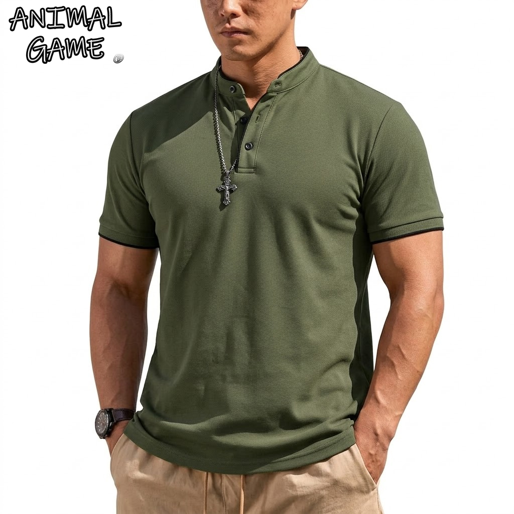 Summer Clothing Guys - 여름 반팔 헨리 셔츠 남성용 버튼