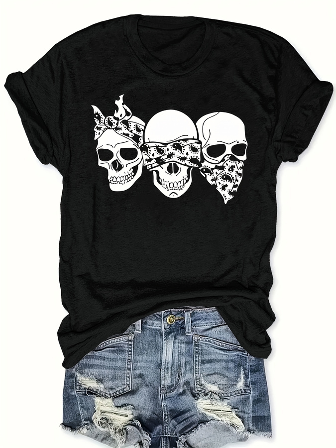 Summer Clothing Trends 2025 Women'S - 해피 카툰 스컬 티셔츠, 루즈핏, 라운드넥,