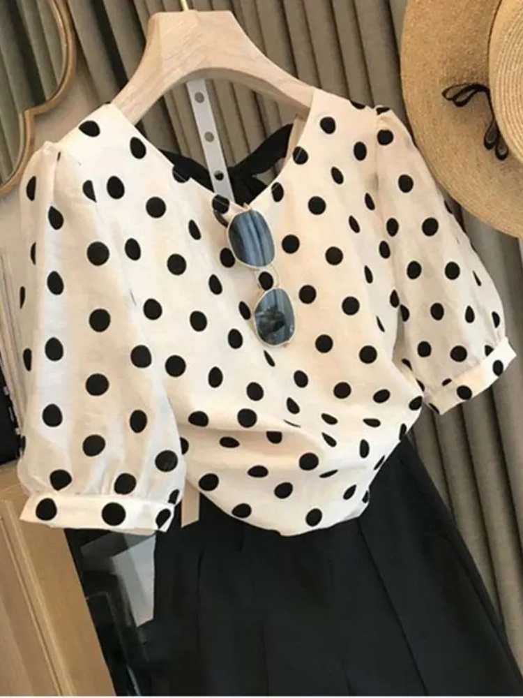 폴카 도트 블라우스 여성 우아한 여름 부드러운 빈티지  - Summer Clothing Holiday 리뷰 및 가격