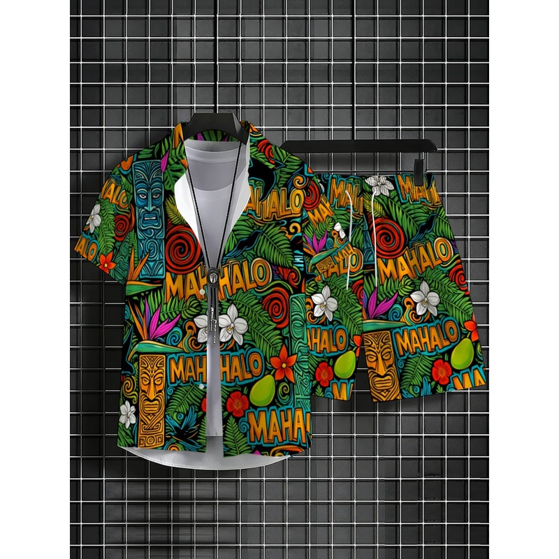 남성 하와이안 셔츠 반바지 세트 트로피컬 그린 플로럴  - Beach Shirt Hawaiian 리뷰 및 가격