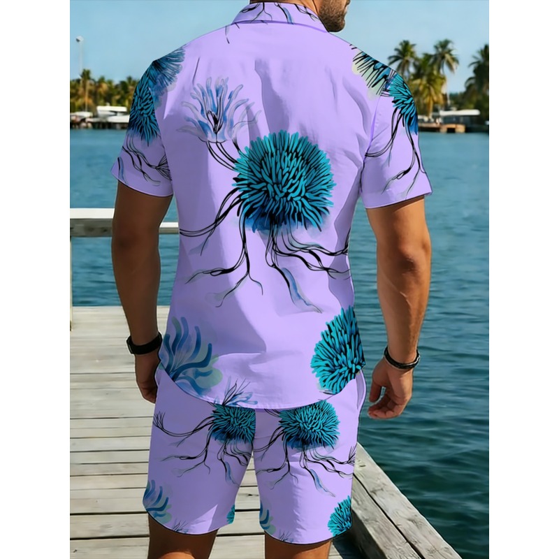 남성 하와이안 셔츠 반바지 세트, 퍼플 베이스 블루 플 - Beach Shirt Hawaiian 리뷰 및 가격