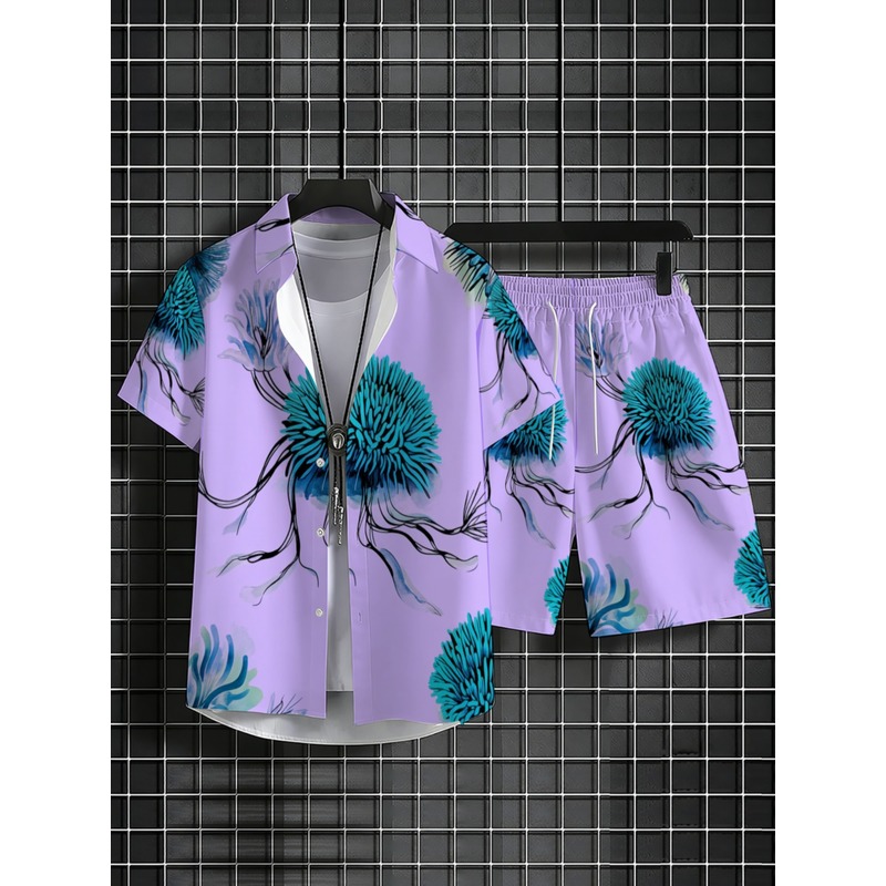 남성 하와이안 셔츠 반바지 세트, 퍼플 베이스 블루 플 - Beach Shirt Hawaiian 리뷰 및 가격