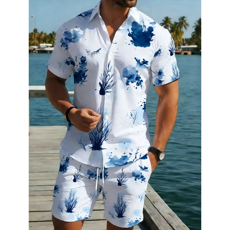 남성 여름 하와이안 셔츠 반바지 세트 블루 플로럴 경량 - Beach Shirt Hawaiian 리뷰 및 가격