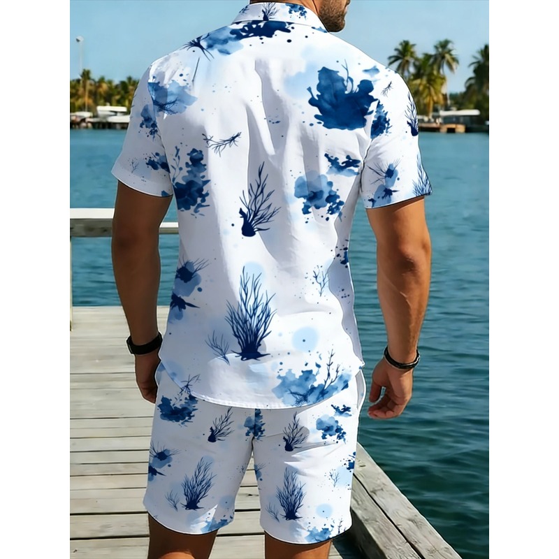 남성 여름 하와이안 셔츠 반바지 세트 블루 플로럴 경량 - Beach Shirt Hawaiian 리뷰 및 가격