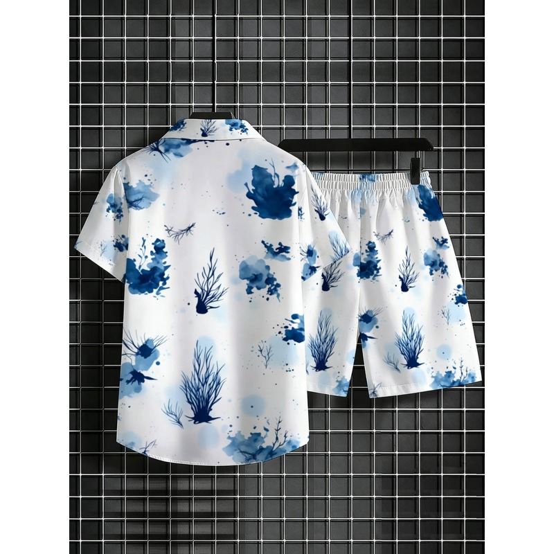 남성 여름 하와이안 셔츠 반바지 세트 블루 플로럴 경량 - Beach Shirt Hawaiian 리뷰 및 가격