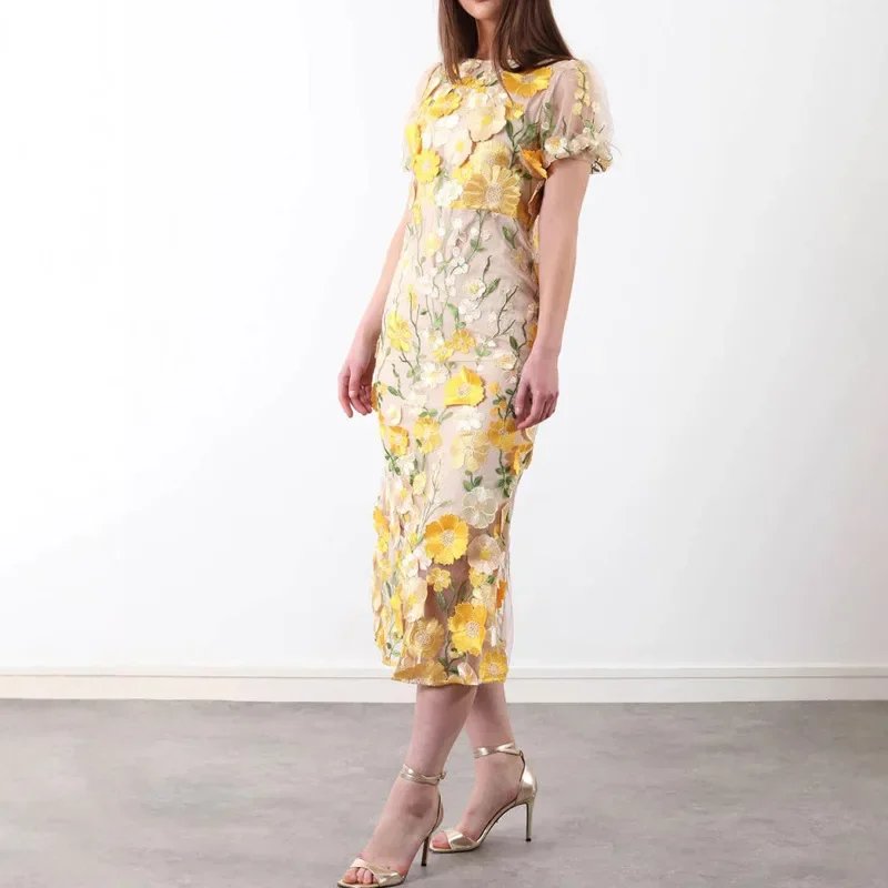 패션 플라워 자수 프린트 드레스 여성 우아한 O넥 퍼프 - Zara Summer Clothing For Women 리뷰 및 가격