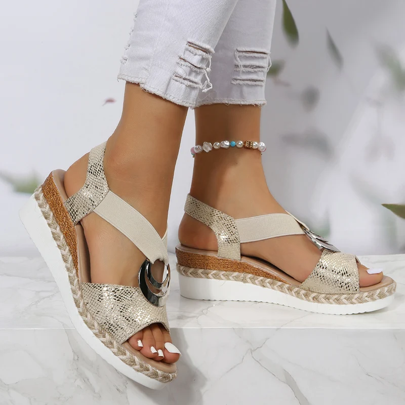여성을위한 금속 버클 웨지 샌들 들여다 발가락 탄성 스 - Espadrille Sandal Women 리뷰 및 가격