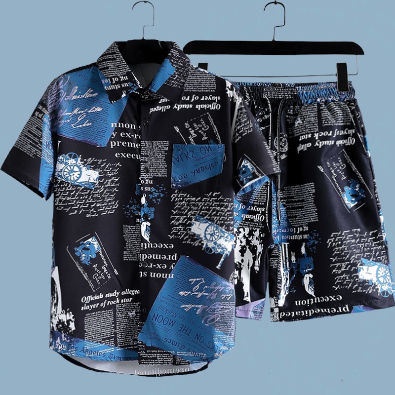 남성용 신문 프린트 2피스 세트 반팔 버튼 칼라 셔츠  - Beach Shirt Hawaiian 리뷰 및 가격