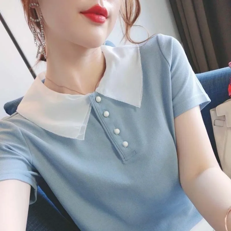 여성을위한 짧은 소매 폴로 넥 T 셔츠 슬림 여성 Ts - Quality Summer Clothing For Women 리뷰 및 가격