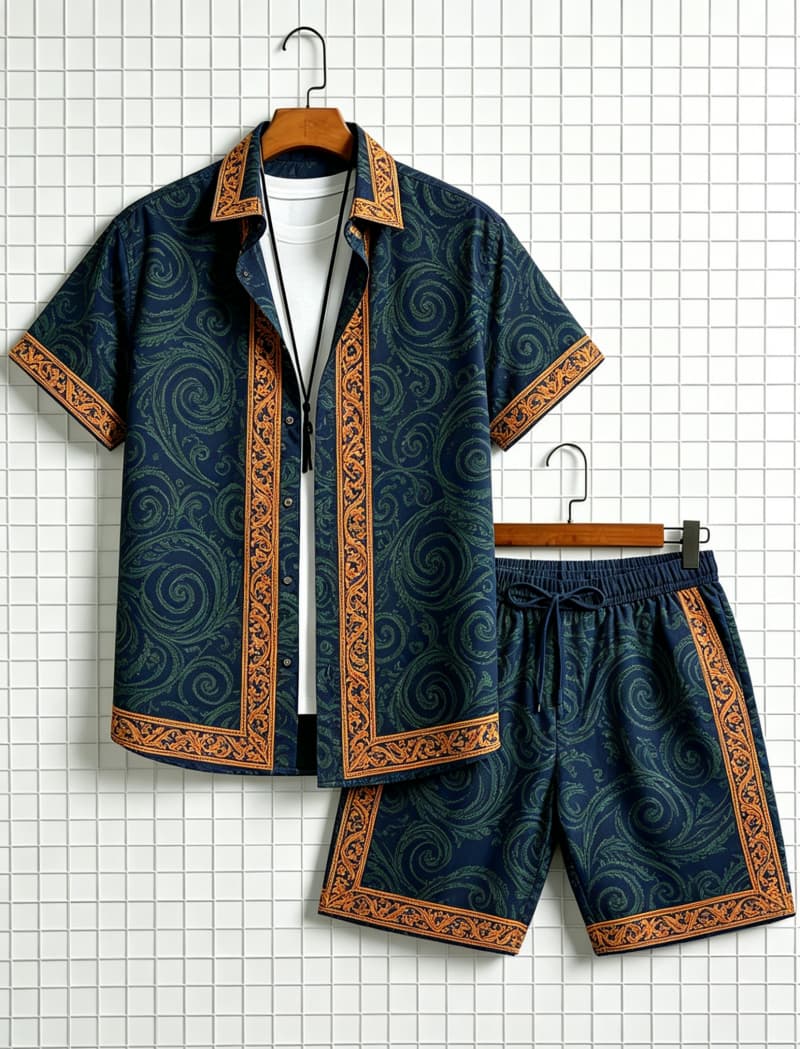 남성 에스닉 프린트 반팔 셔츠와 반바지 세트, 산뜻하고 - Summer Clothing Essentials 리뷰 및 가격